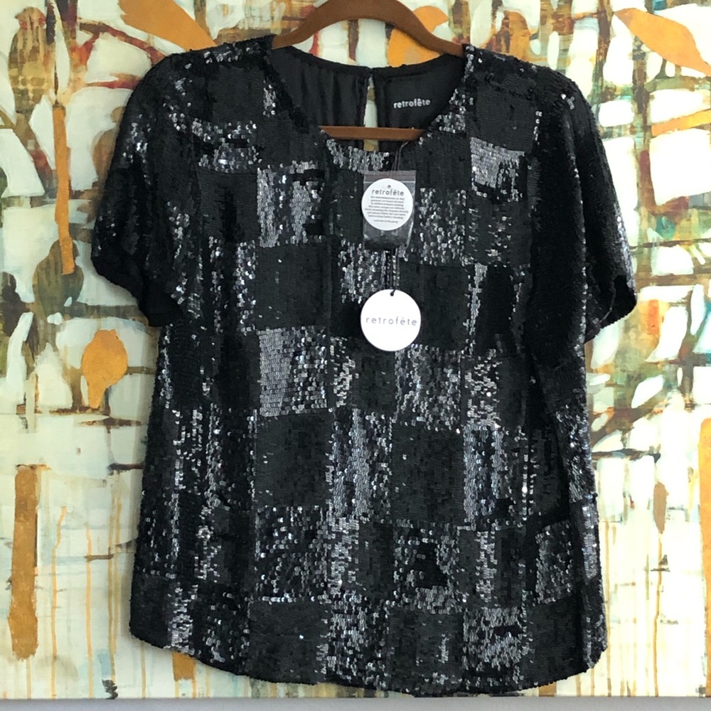 NWT Retrofete Black Checkerboard Sequin T-shirt